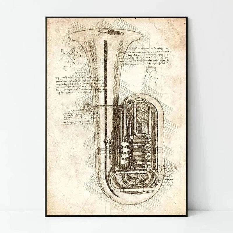 Da Vinci Inspired Sketches Poster Musical Instrument Piano Violin Prints Canvas Printing Wall Art Picture for Bedroom Home Decor