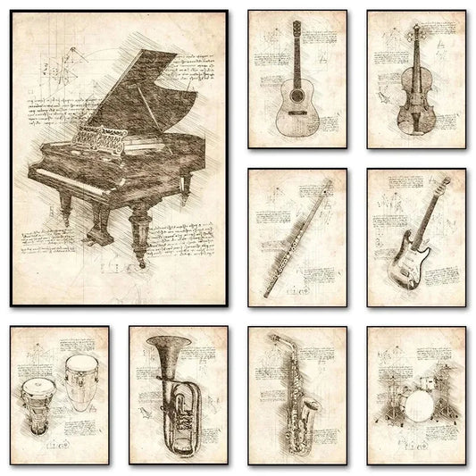 Da Vinci Inspired Sketches Poster Musical Instrument Piano Violin Prints Canvas Printing Wall Art Picture for Bedroom Home Decor