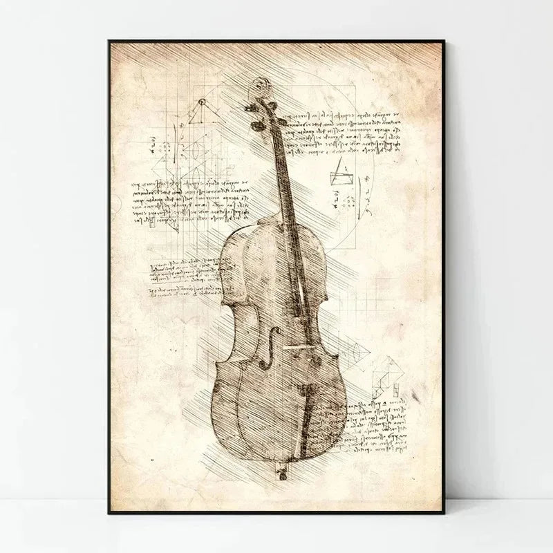 Da Vinci Inspired Sketches Poster Musical Instrument Piano Violin Prints Canvas Printing Wall Art Picture for Bedroom Home Decor