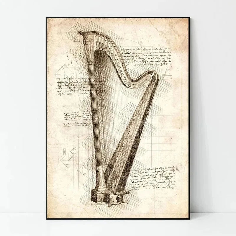 Da Vinci Inspired Sketches Poster Musical Instrument Piano Violin Prints Canvas Printing Wall Art Picture for Bedroom Home Decor